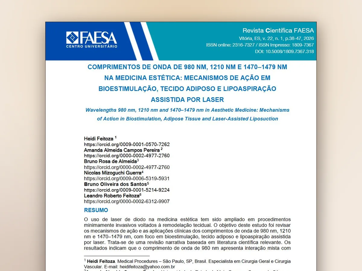 Capa do artigo publicado na Revista Científica FAESA: comprimentos de onda de 980 nm, 1210 nm e 1470–1479 nm na medicina estética